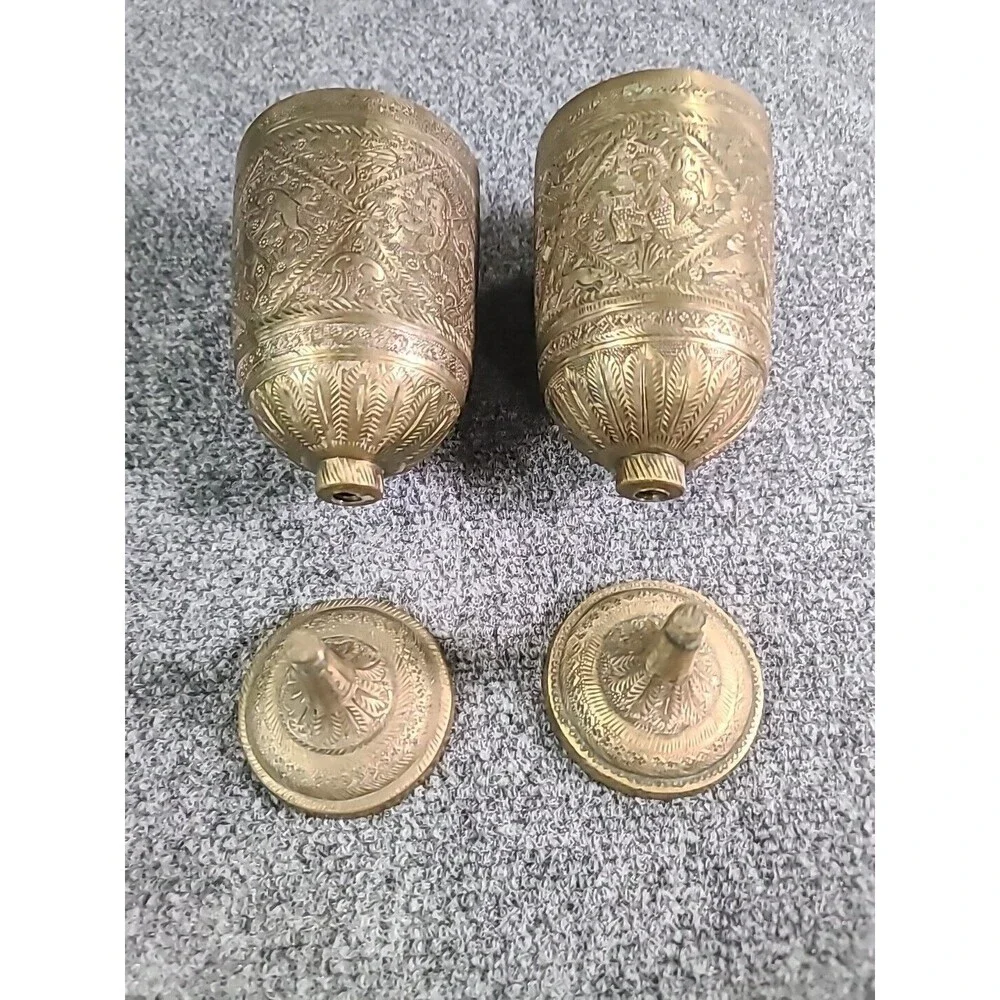 Vintage Set Of 2 Rare Handetched Brass Goblets Chalise Removable Stems His & Her